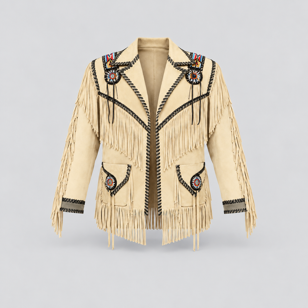 Men's El Dorado Cream Suede Beaded Fringe Coat