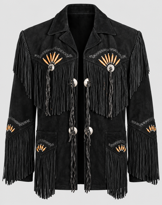 Men's Black Suede Midnight Tribal Fringed Jacket