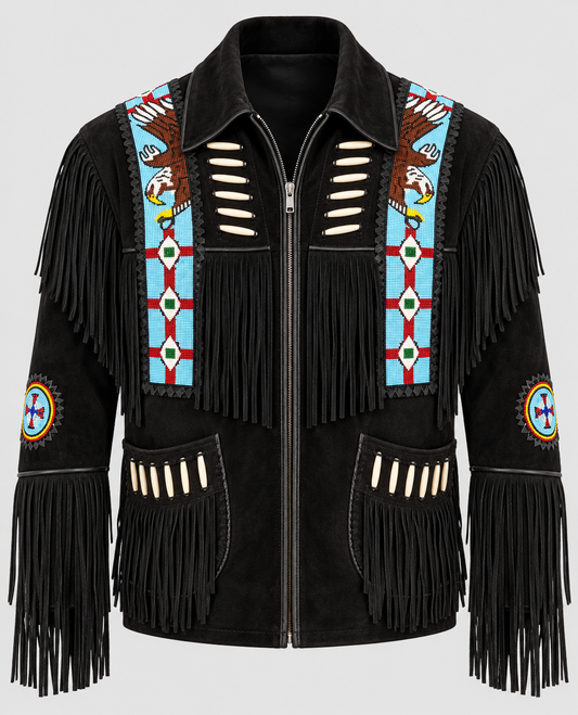 Men's Black Suede Native American Eagle Beaded Fringe Jacket