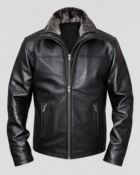 Men's black leather shearling jacket