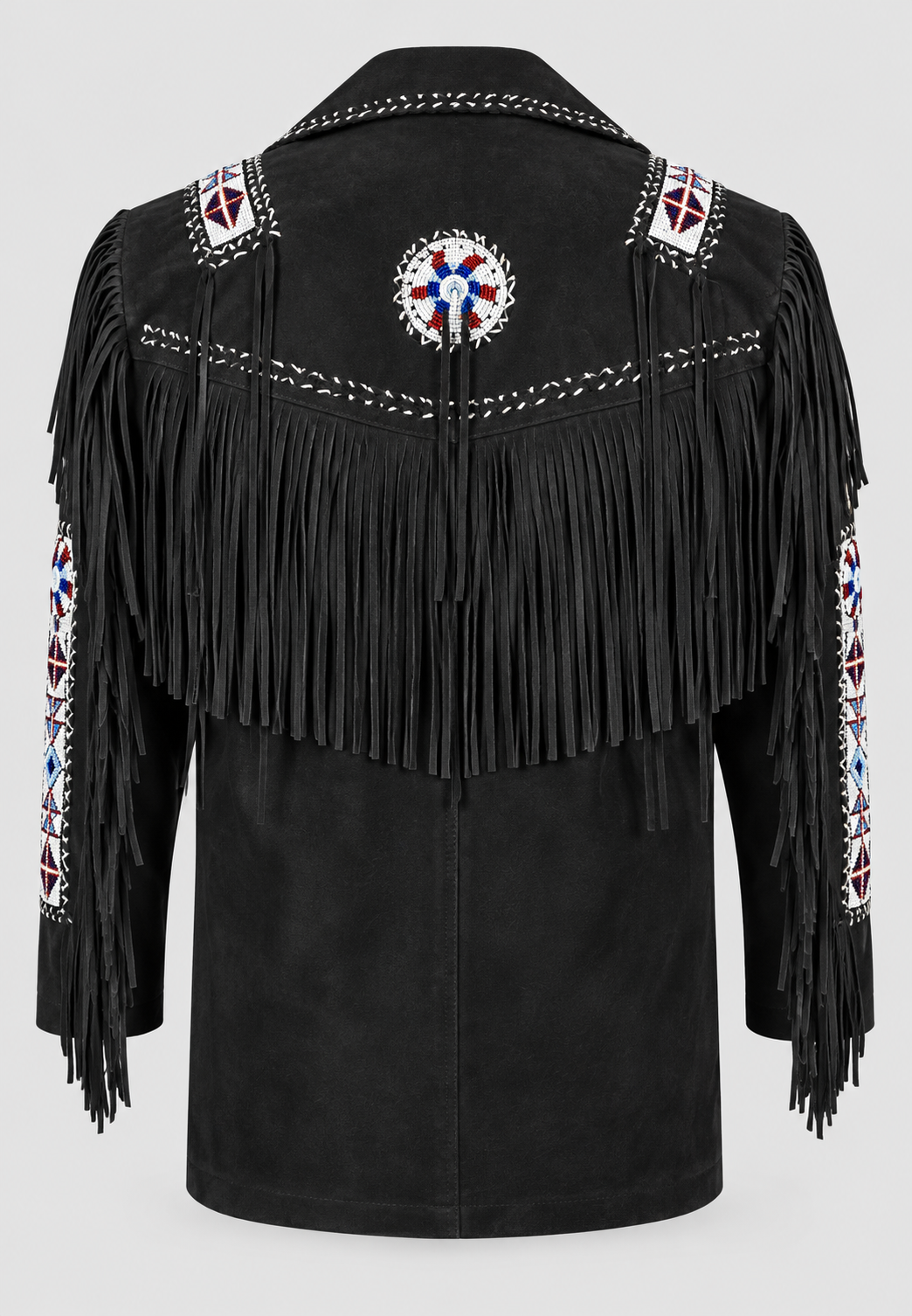Men's Ghost White Suede Native Beaded  Fringe Jacket