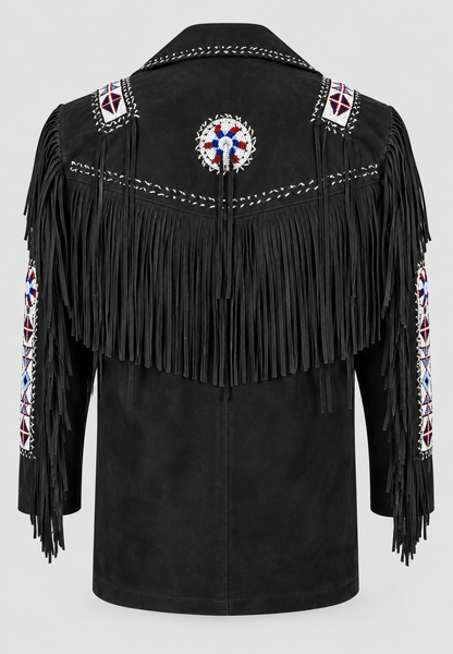 Men's Ghost White Suede Native Beaded  Fringe Jacket