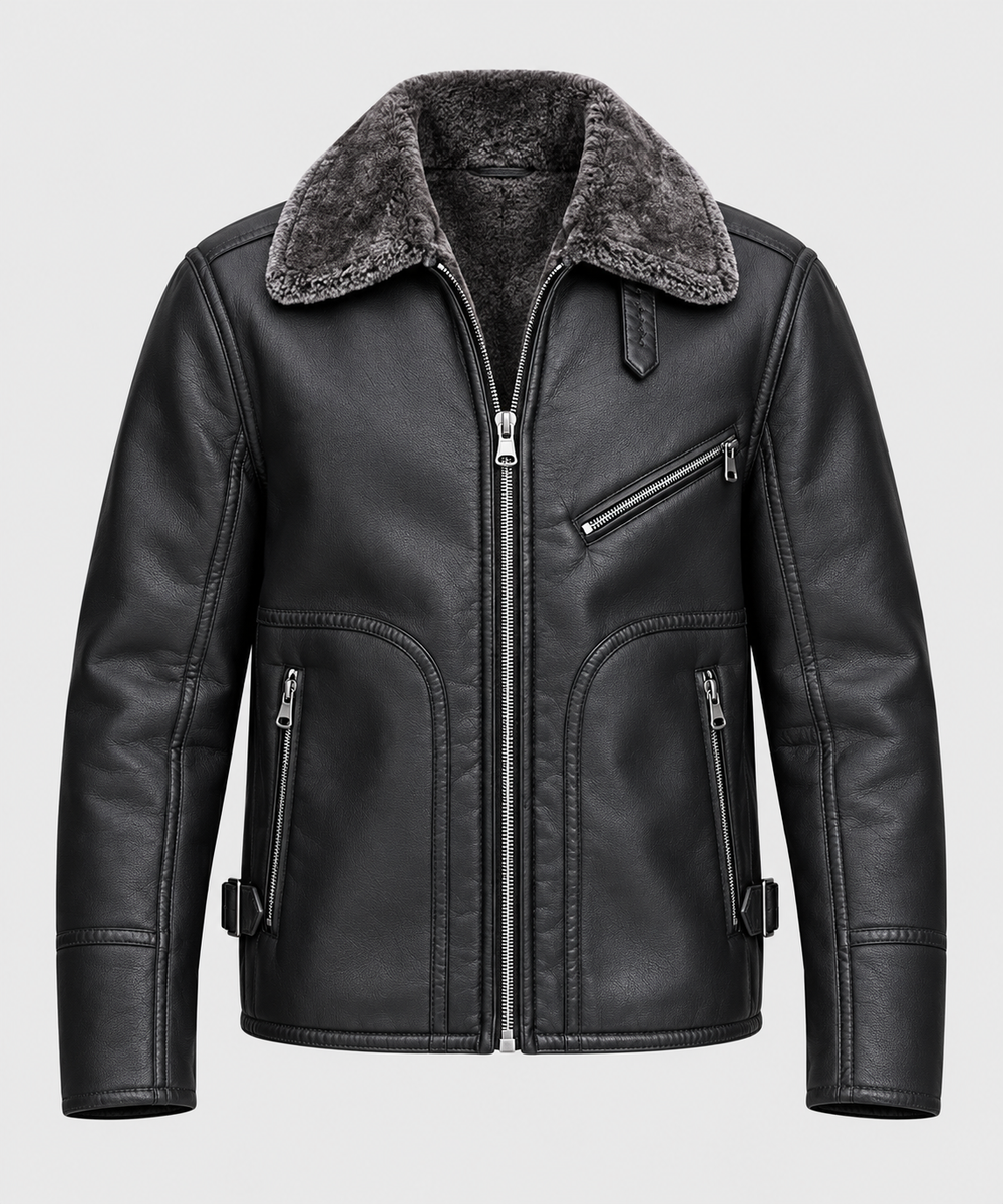 Men's black leather fur jacket