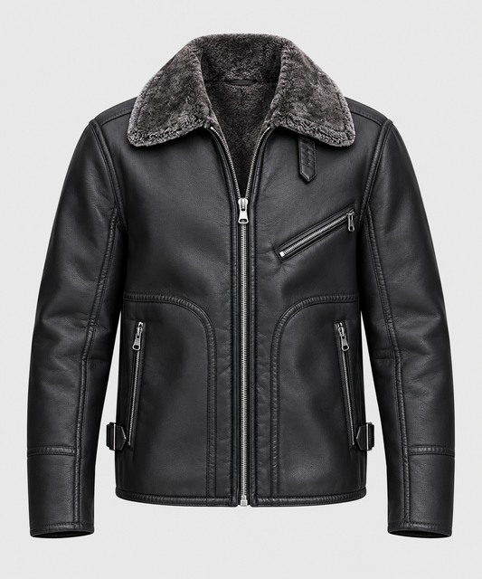 Men's black leather fur jacket