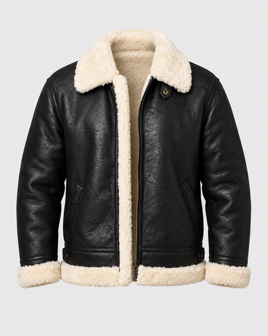 Men's black aviator shearling leather jacket