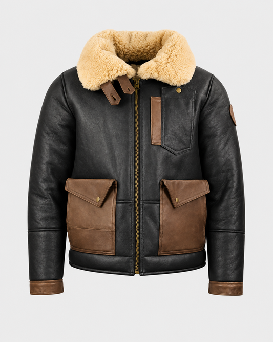 Men's sheepskin chocolate and black bomber jacket