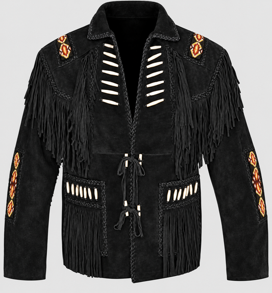 Men's Suede Aztec Beaded Frontier Fringe Jacket