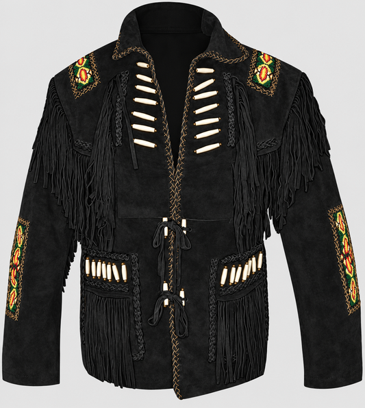 Men's American cowboy buckskin fringe leather jacket
