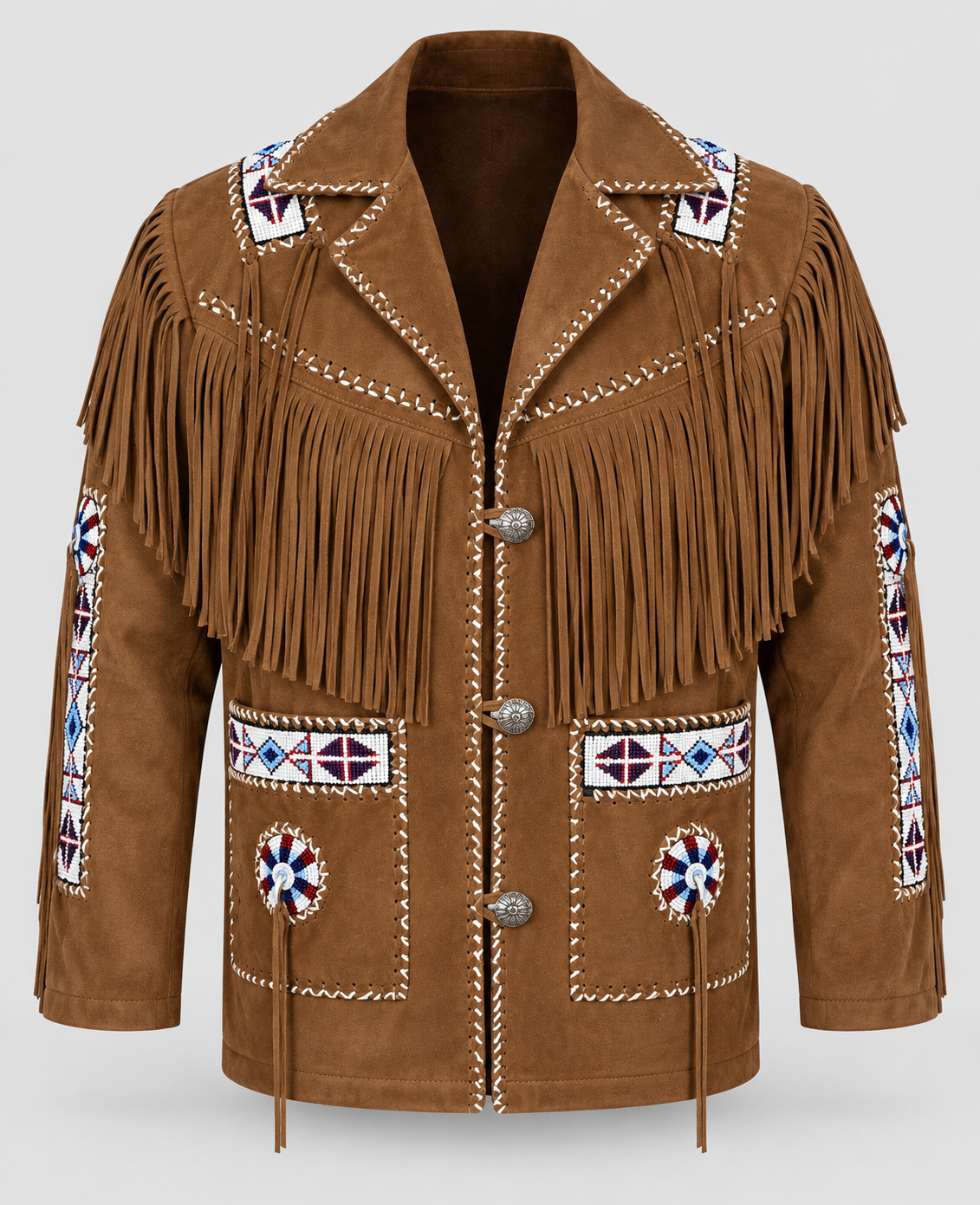 Men's Ghost White Suede Native Beaded  Fringe Jacket