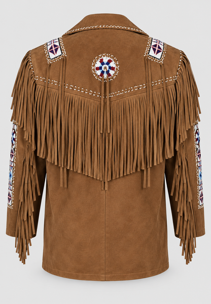 Men's Ghost White Suede Native Beaded  Fringe Jacket
