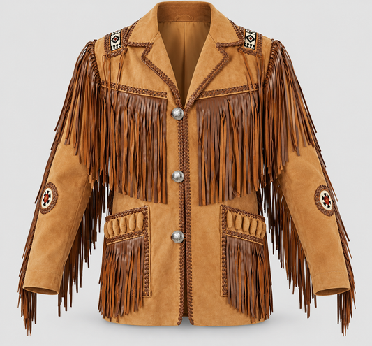 Men's Buckskin Tribal Medicine Wheel Fringed Western Jacket