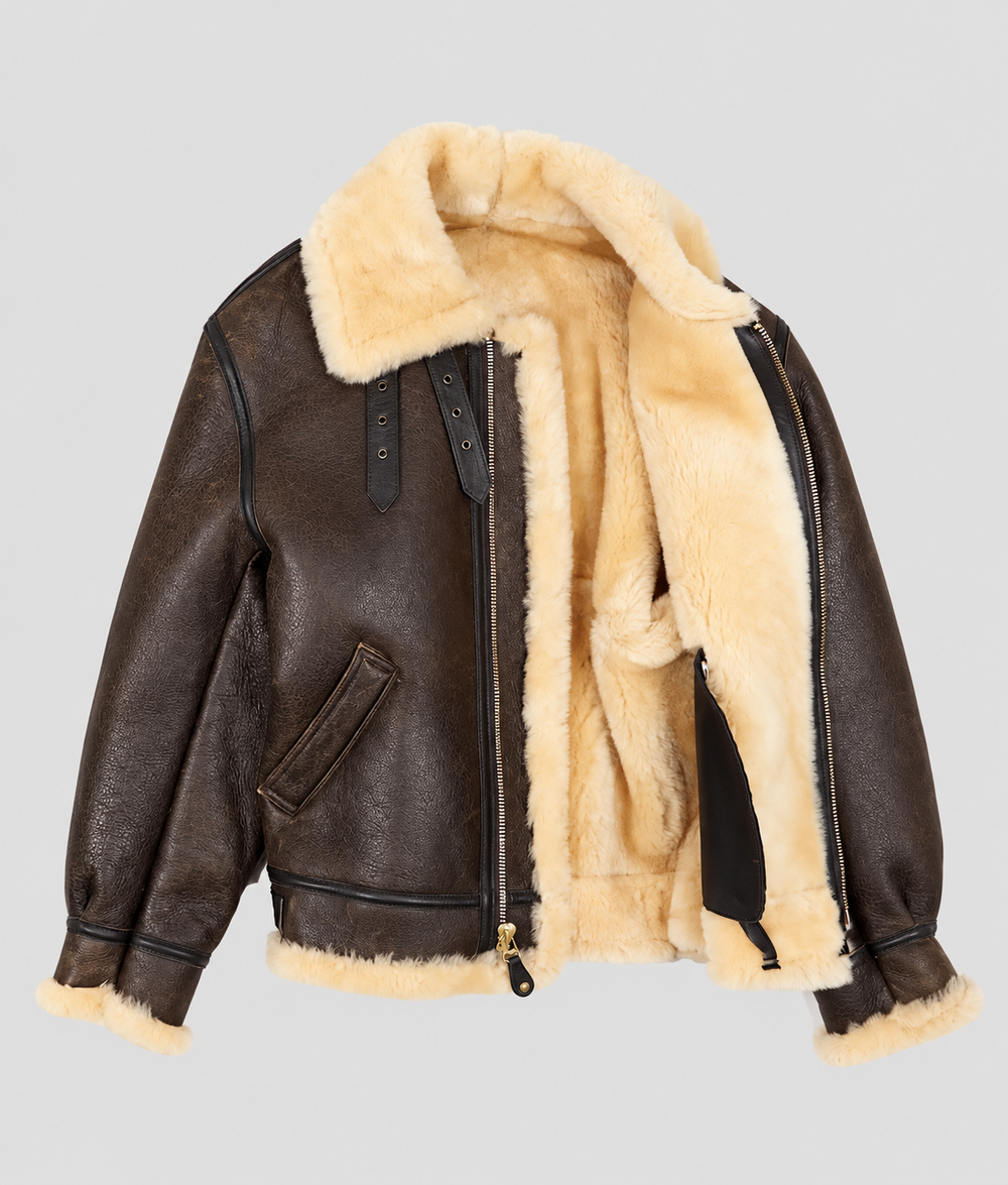 Men's brown shearling real sheepskin aviator jacket