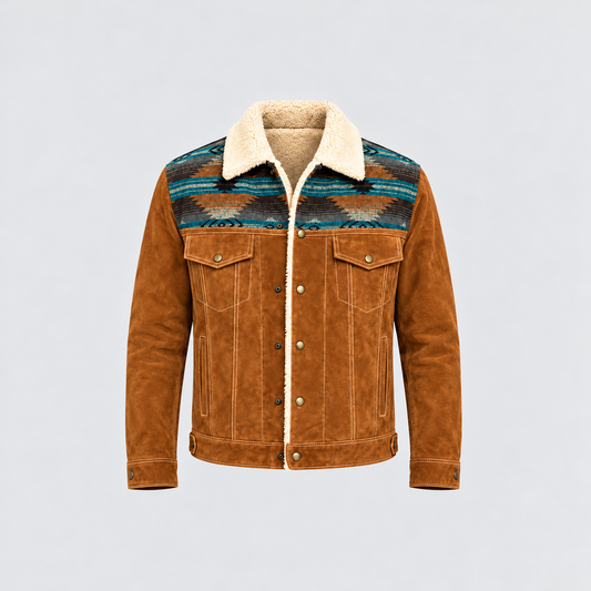 • Men's Southwestern Aztec Suede Shearling-Lined Trucker Jacket
