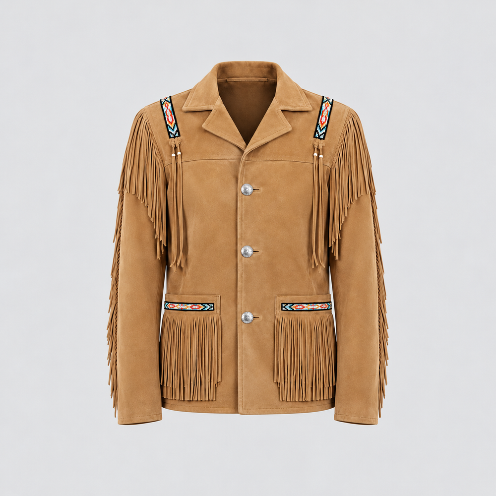 Men's Mesa Tan Suede Tribal Beaded Fringe Coat