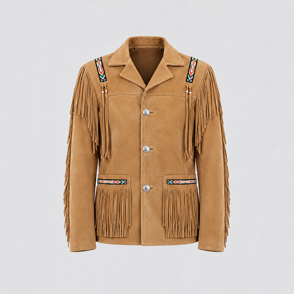 Men's Mesa Tan Suede Tribal Beaded Fringe Coat