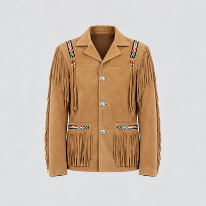 Men's Mesa Tan Suede Tribal Beaded Fringe Coat