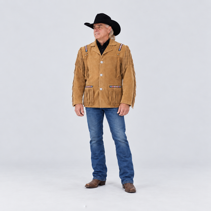 Men's Mesa Tan Suede Tribal Beaded Fringe Coat