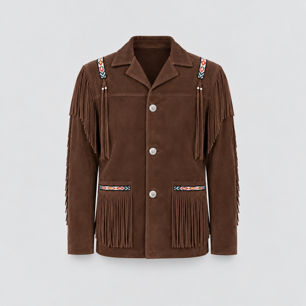 Men's Mesa Tan Suede Tribal Beaded Fringe Coat