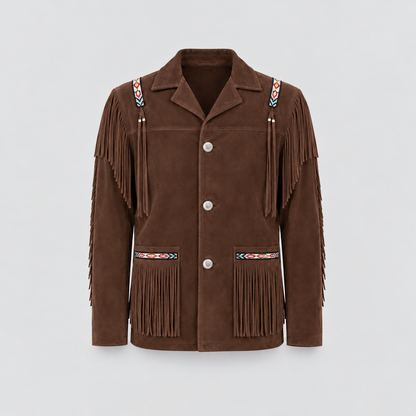 Men's Mesa Tan Suede Tribal Beaded Fringe Coat