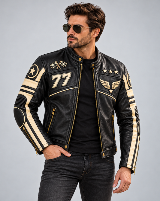 Men's lightweight leather motorcycle jacket