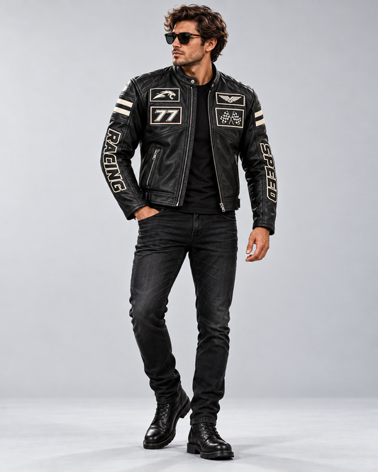 Men's classic cowhide leather motorcycle jacket