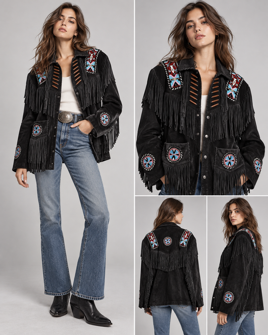 Native American buckskin suede western jacket with fringe and beadwork