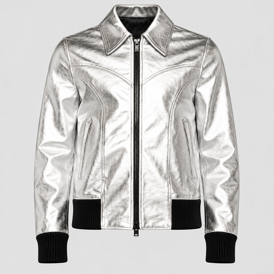 Dan silver leather bomber jacket