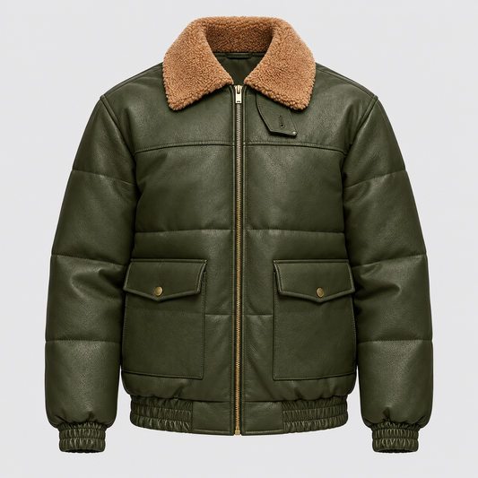 Branden green leather bomber jacket with brown shearling