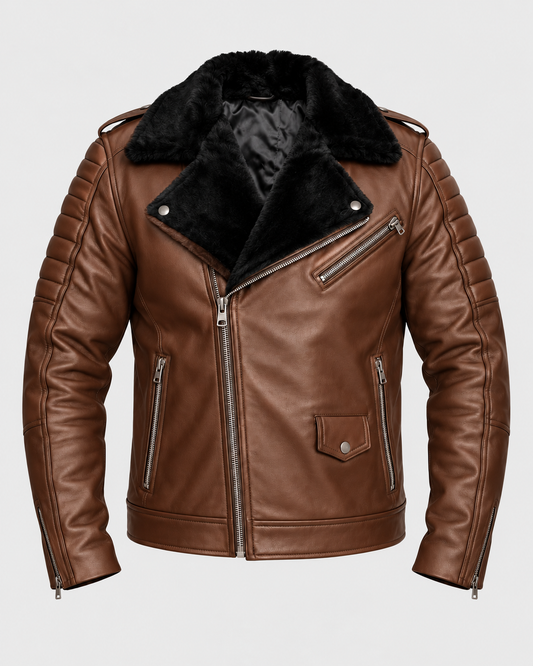 Men's brown shearling leather motorcycle jacket