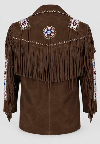 Men's Ghost White Suede Native Beaded  Fringe Jacket