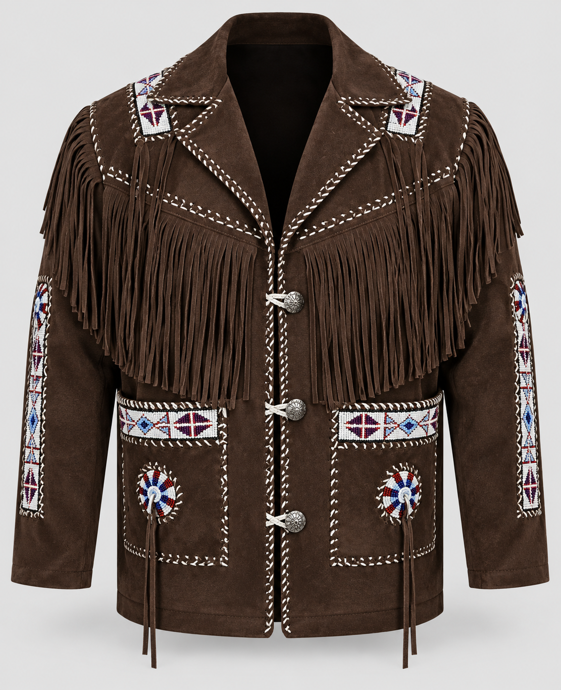 Men's Ghost White Suede Native Beaded  Fringe Jacket