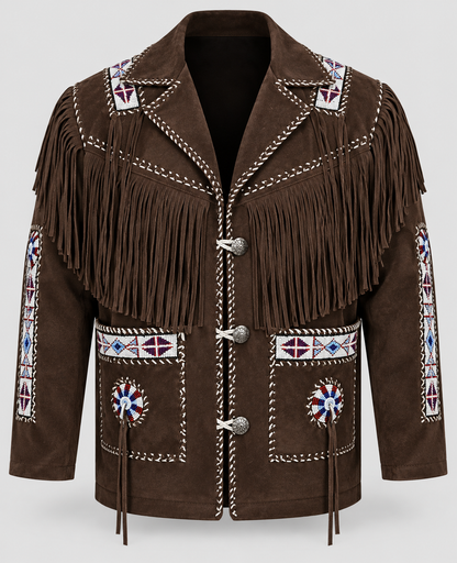 Men's Ghost White Suede Native Beaded  Fringe Jacket