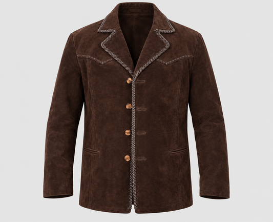 Men's Classic Brown Suede Braided Pick-Stitch Coat