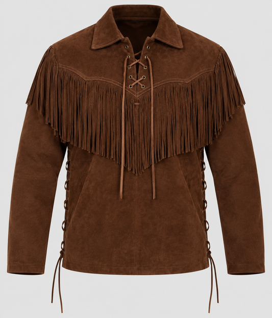 Men's Classic Tobacco Suede Deep-V Fringe Western Jacket