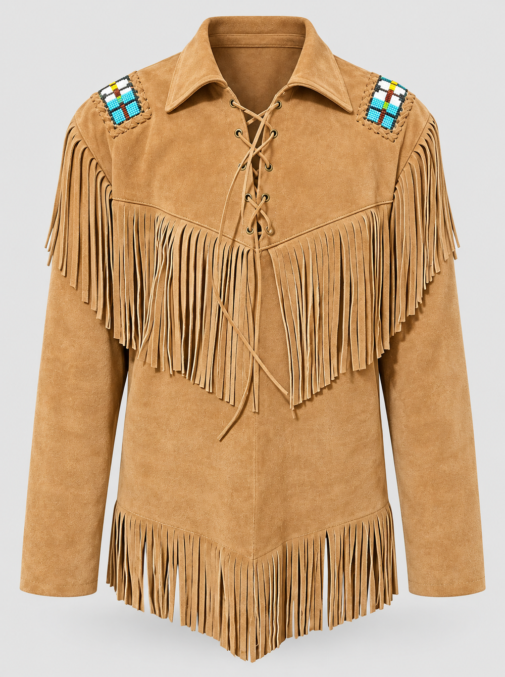 Men's Warrior Beaded Lace-Up Suede Fringe Jacket