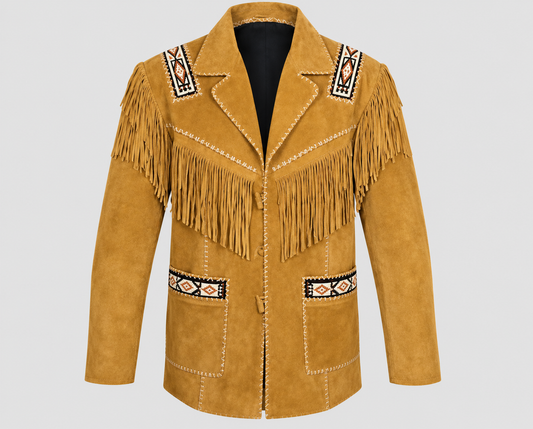 Men's Southwestern Tribal Beaded Suede Fringe Jacket