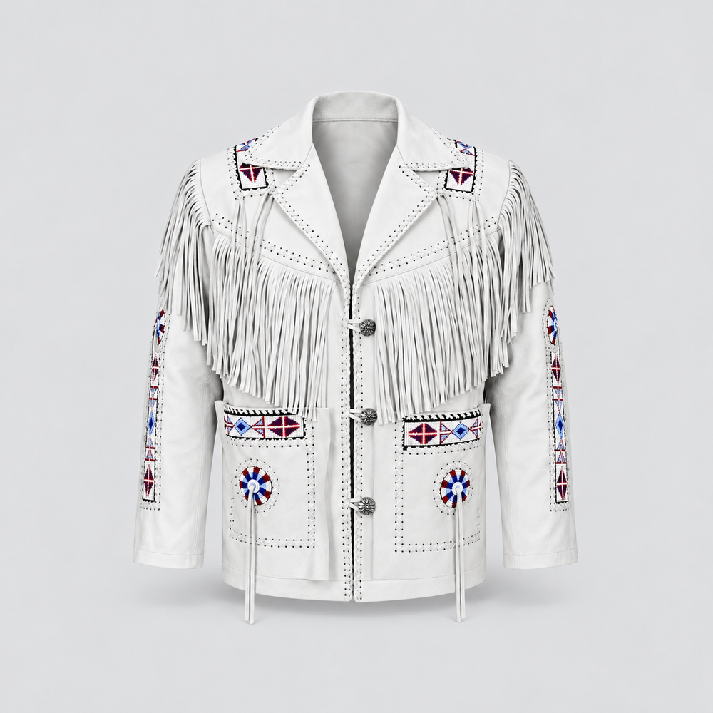 Men's Ghost White Suede Native Beaded  Fringe Jacket