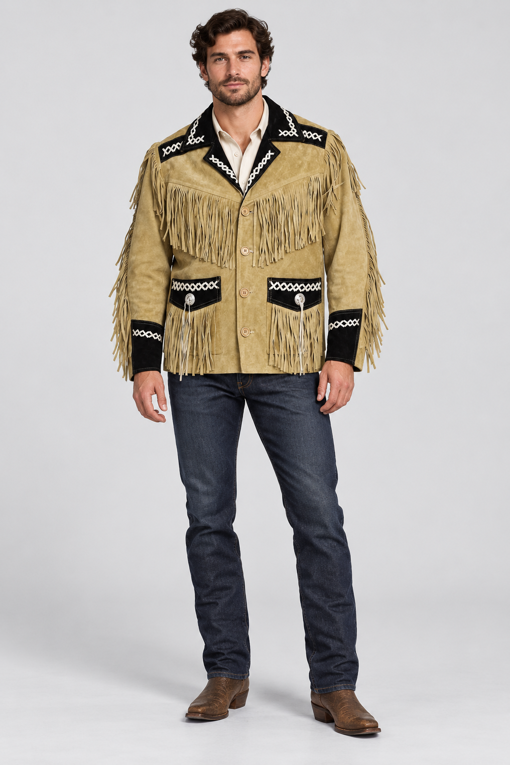 Men's Outlaw High-Contrast Whipstitched Concho Fringe Jacket