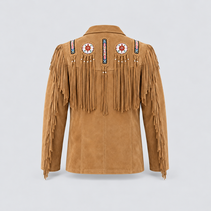 Men's Mesa Tan Suede Tribal Beaded Fringe Coat