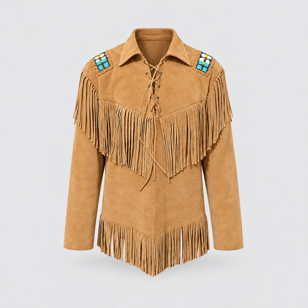 Men's Warrior Beaded Lace-Up Suede Fringe Jacket