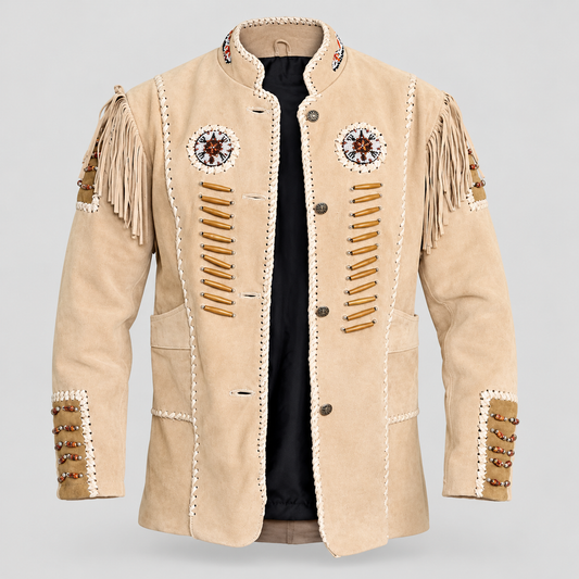 Men's Suede Tribal Beadwork Ceremonial Fringe Coat