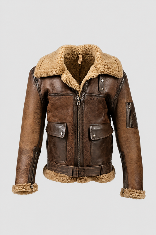 Men's brown B3 bomber jacket with shearling fur collar