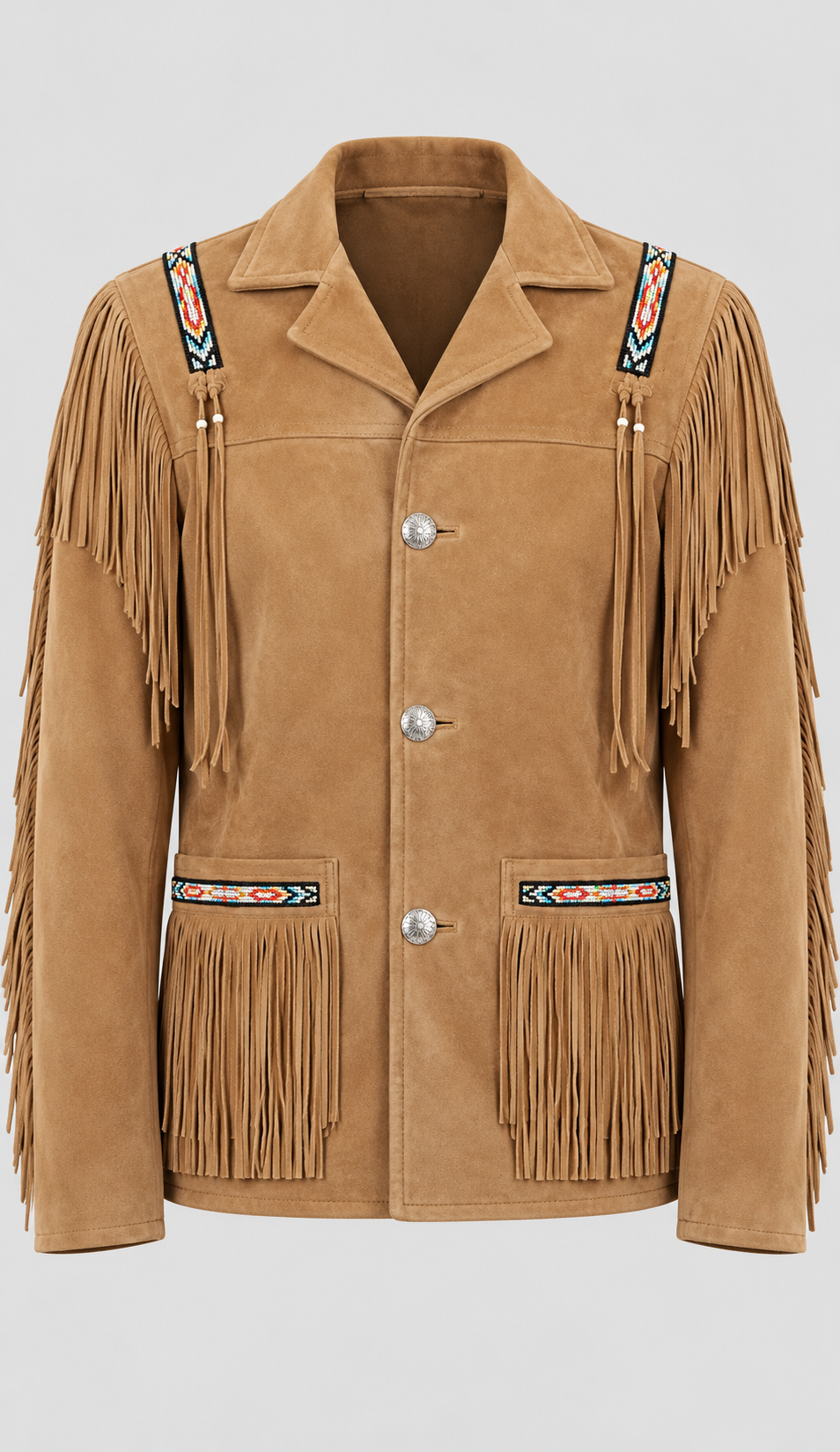 Men's Mesa Tan Suede Tribal Beaded Fringe Coat