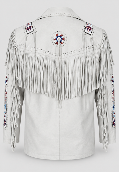 Men's Ghost White Suede Native Beaded  Fringe Jacket