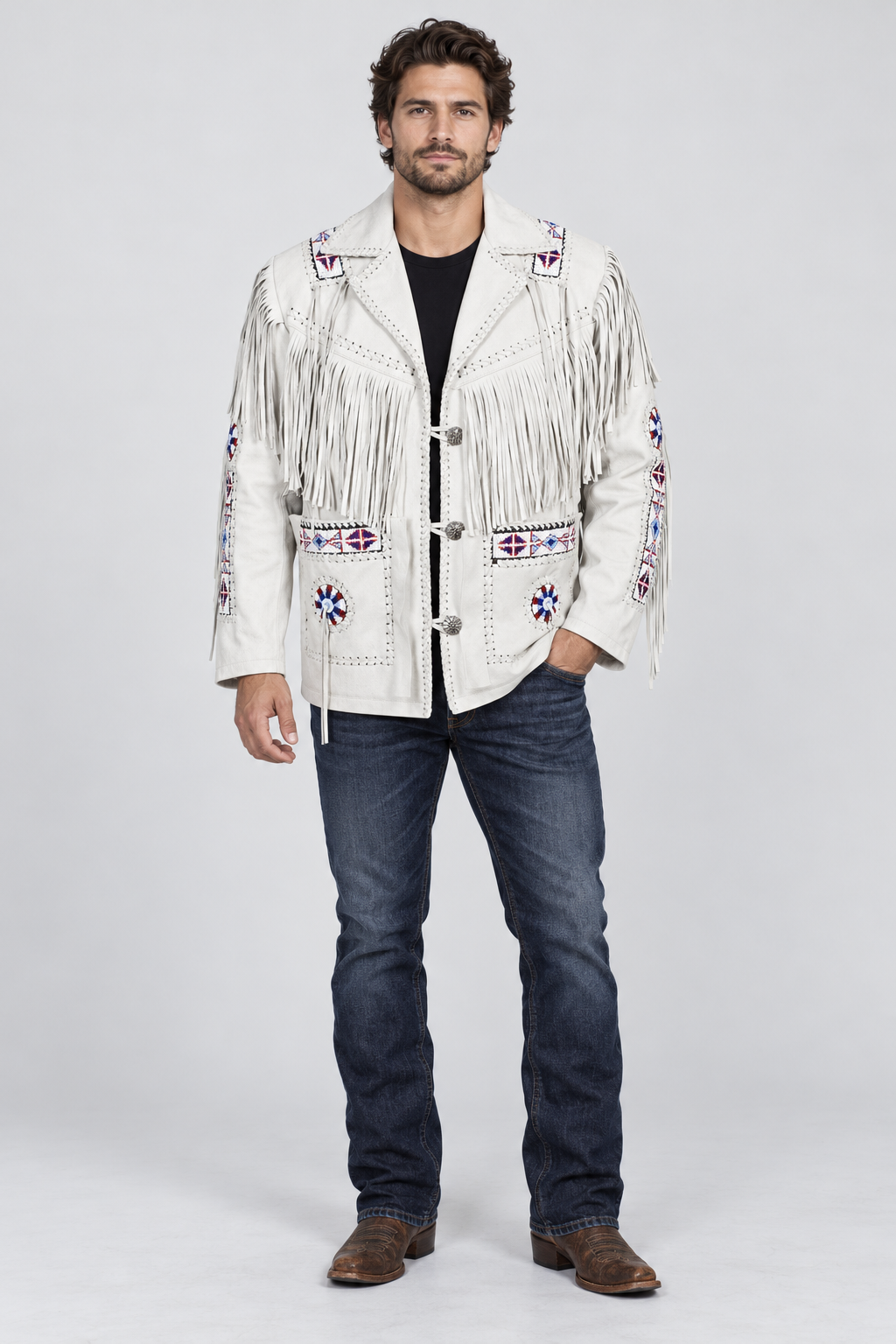 Men's Ghost White Suede Native Beaded  Fringe Jacket