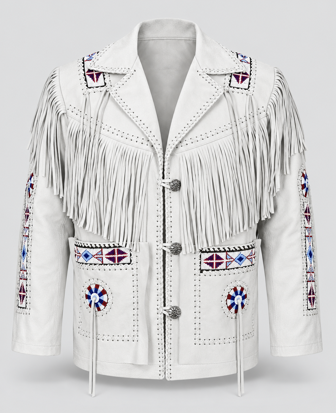 Men's Ghost White Suede Native Beaded  Fringe Jacket