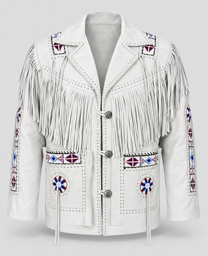 Men's Ghost White Suede Native Beaded  Fringe Jacket