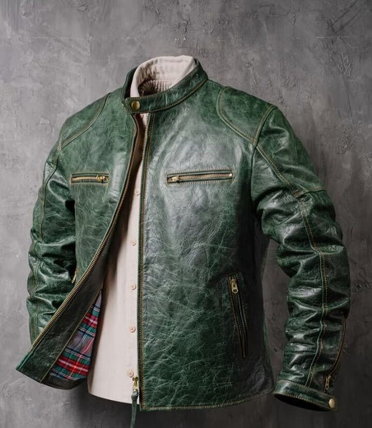 Men's vintage green distressed leather biker jacket
